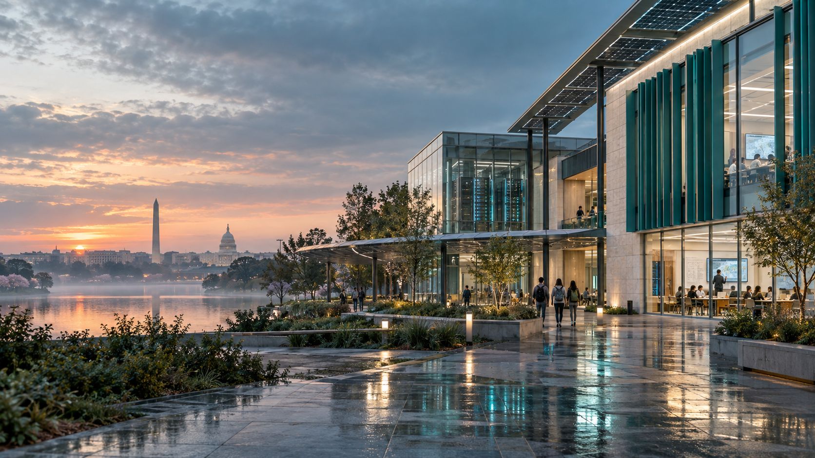 Conceptual smart school campus with connected classrooms, solar canopies and digital infrastructure