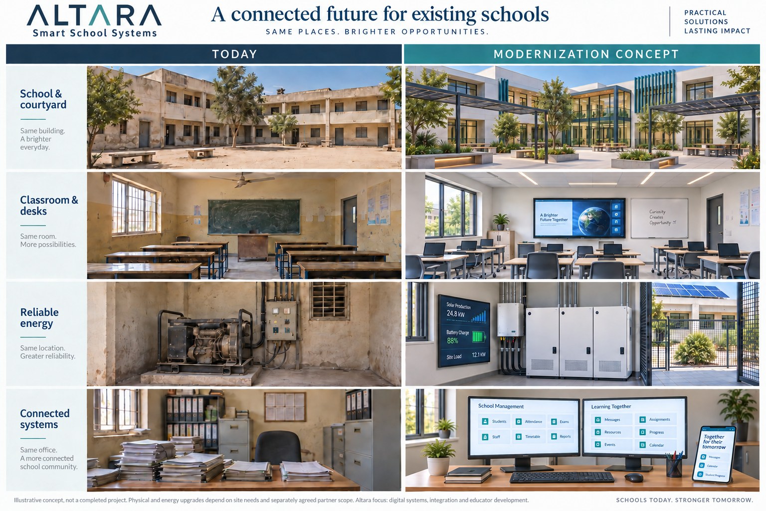 ALTARA Smart School Systems illustrative comparison: existing school and courtyard, classroom and desks, energy equipment and paper-based administration alongside a proposed modern campus, digital classroom, solar and battery systems, and connected school management dashboards.